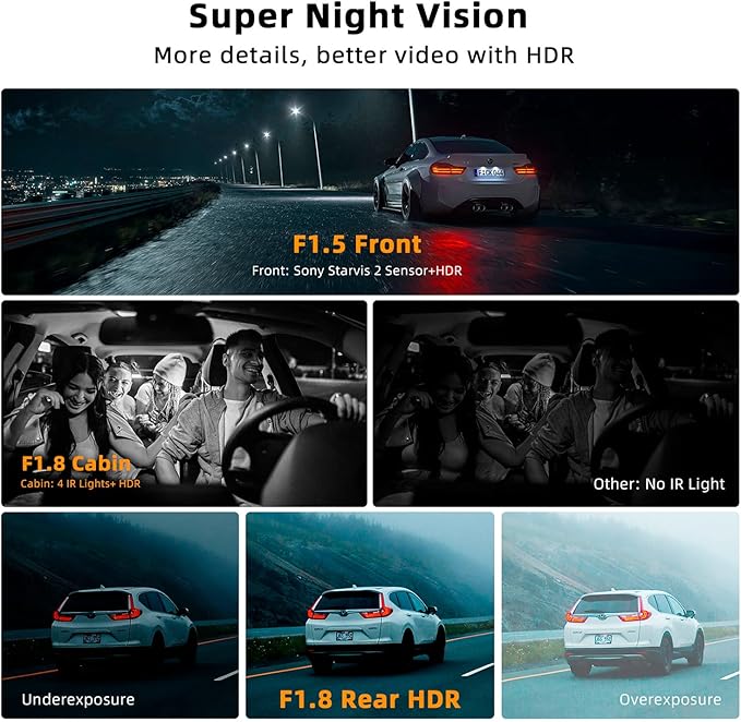 Real 4K 3 Channel Dash Cam Front and Rear Inside, STARVIS 2 HDR Sensor, 5.8GHz Wi-Fi GPS G-Sensor, 4K+1080P+1080P Dash Cam, 64GB Card Included, IR Night Vision, 3.3" IPS Screen, 24Hr Parking Monitor