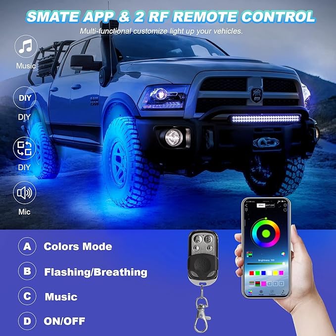 20 Pods RGB LED Rock Lights for Semi Trucks Offroad Pickup Trailer Sedan Boat, 12V Waterproof Dual Zone APP/RF Control Music Mode Brake Light Red Green Blue Underglow Neon Kit with Extension Wires