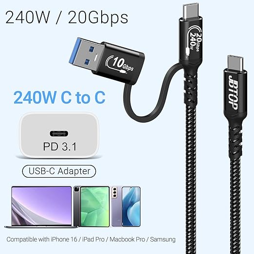 Android Auto A to C Cable 1ft [2Pack],2-in-1 USB C 3.1 Gen 2 Fast Charge & Data Transfer USB CarPlay Cable, Compatible with iPhone 16 15 Pro Max, Galaxy S23, Pixel 9 Pro XL