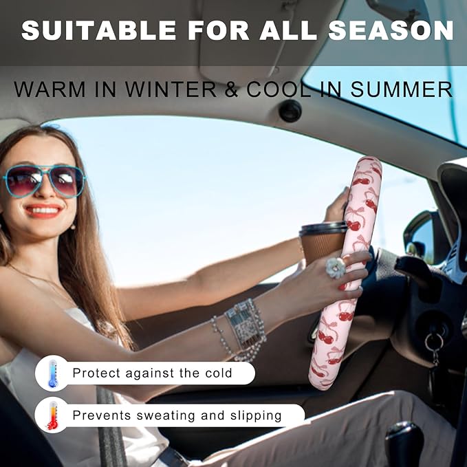 Pink Cherry Steering Wheel Cover, Cute Kawaii Anti-Slip Breathable Car Accessories Interior Elastic Steering Wheel Cover for Women Girly Gifts Fit Auto, SUV Vans Truck Universal 14.5-15 Inch