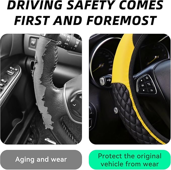 Bling Car Steering Wheel Cover, Diamond Leather Crystal Rhinestones Vehicles Steering Wheel Protector, Sparkling Anti-Slip Automotive Interior Decoration Accessories, Universal Fit (Yellow)