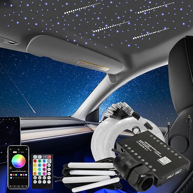 AKEPO 3in1 Fiber Optic Lights Kit APP Control Headliner Starlight, Shooting Star+Music Activated Under Dash Interior LED Light and 6W RGBW Fiber Optic Star Light, 550pcs 0.03in 13.1ft Fiber Strands