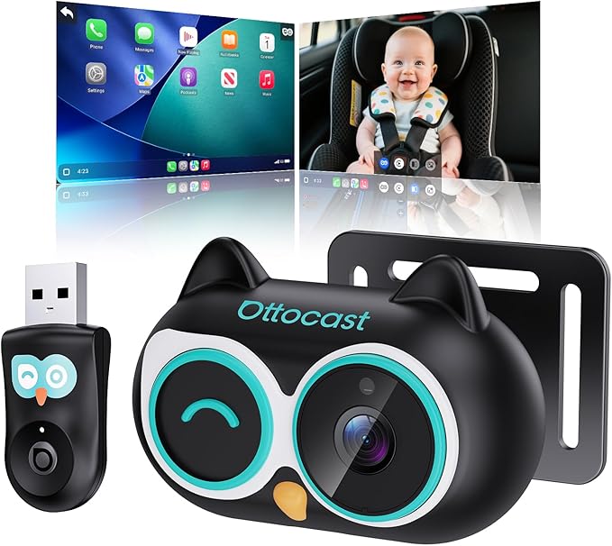 OTTOCAST Cabin Care Car Camera for Baby, Wireless CarPlay Adapter with 1080P Baby Car Camera, HD Night Vision, 150° Wide Angle, Real-Time Rear Seat Monitor, Easy Installation