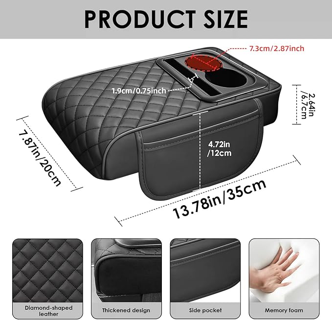 Car Center Console Cover, Leather Car Armrest Cover with Storage Box, Cup Holder, Phone Slot, Waterproof Arm Rest Protector Cushion Automotive Accessories (Black)