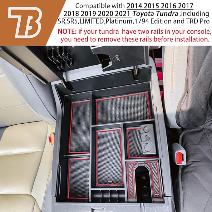TACOBRO Center Console Organizer Compatible with 2014-2017 2018 2019 2020 2021 Tundra Accessories, Crewmax Interior Armrest Underseat Storage Box- Full-coverage Insert Tray, Red Trim