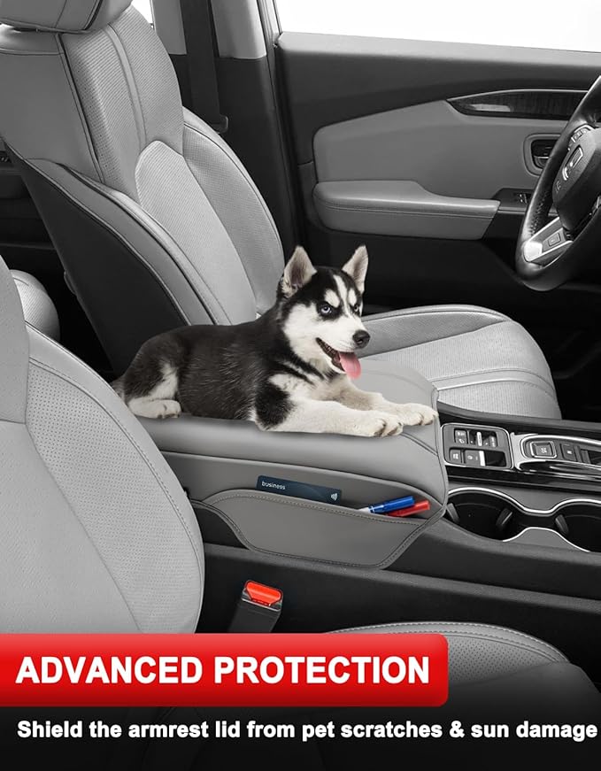 KBH Center Console Armrest Cover for Honda Pilot 2023-2026, Ridgeline 2024 2025, Passport 2024-2026, Middle Console Lid Protector, Vinyl Leather Trim with Side Pockets, Anti-Scratch, Gray