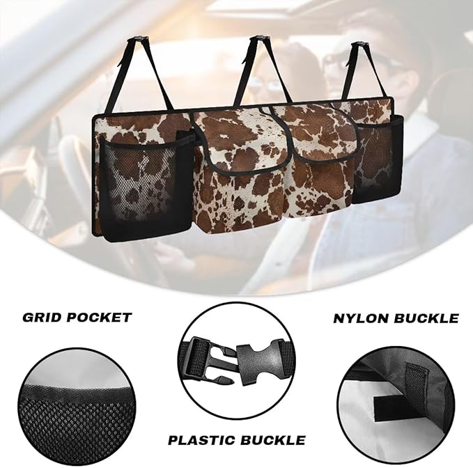 Brown Cow Print Car Trunk Organizer with 4 Storage Bags Hanging Waterproof Car Back Seat Organizer for SUV,Truck,Van Collapsible Cargo Bag