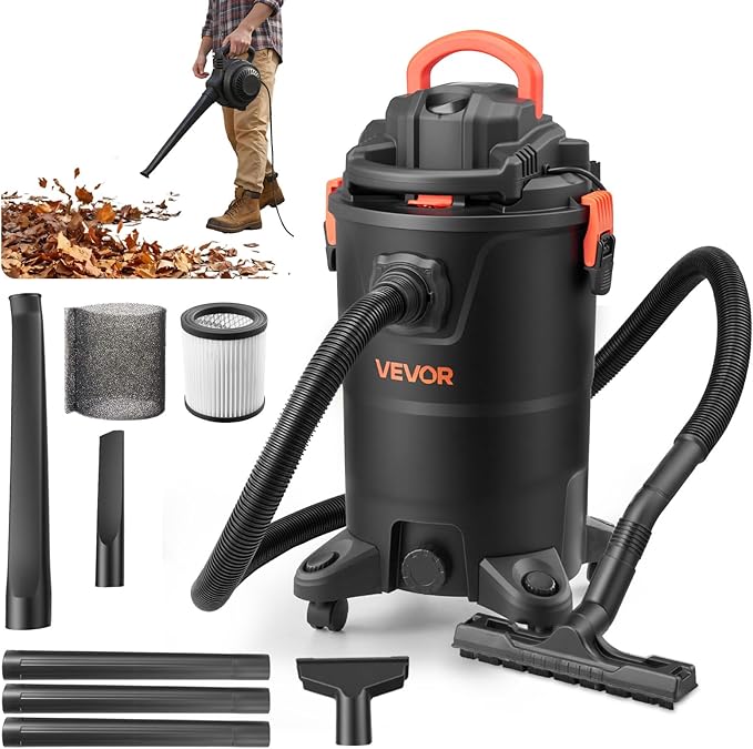VEVOR 3-in-1 Shop Vac, 8 Gallon Wet Dry Shop Vacuum, 4.5 Peak HP Portable Vacuum Cleaner with Blower, Dual-Filter, 950W Input Power, 1.25in x 7ft Hose, 9.8ft Cord for Jobsite, Workshop, Garage, Home