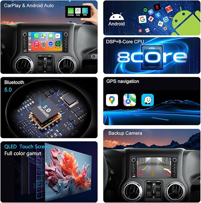4G LTE QLED Radio for Jeep Wrangler 2007-2018 Chrysler Dodge Ram 1500,Touch Screen 8core Stereo Upgrade,Wireless carplay & Android Auto,Fast Charge,Free Backup Camera
