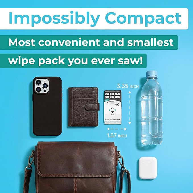 Impossibly Compact Travel Flushable Wipes - 99.5% Water and Aloe - Safe for Sensitive Skin - Travel Essentials for Adults, Kids & Babycare, Mint, 8 Pack 48 Wipes