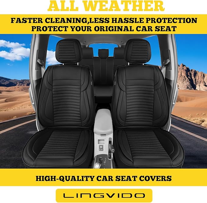 LINGVIDO Full Set Car Seat Covers, Faux Nappa Leather, Airbag Compatible and Waterproof Protectors for Sedans SUVs, Breathable Interior for Active Families, Pets, and Commuters (5 Seats, Black)