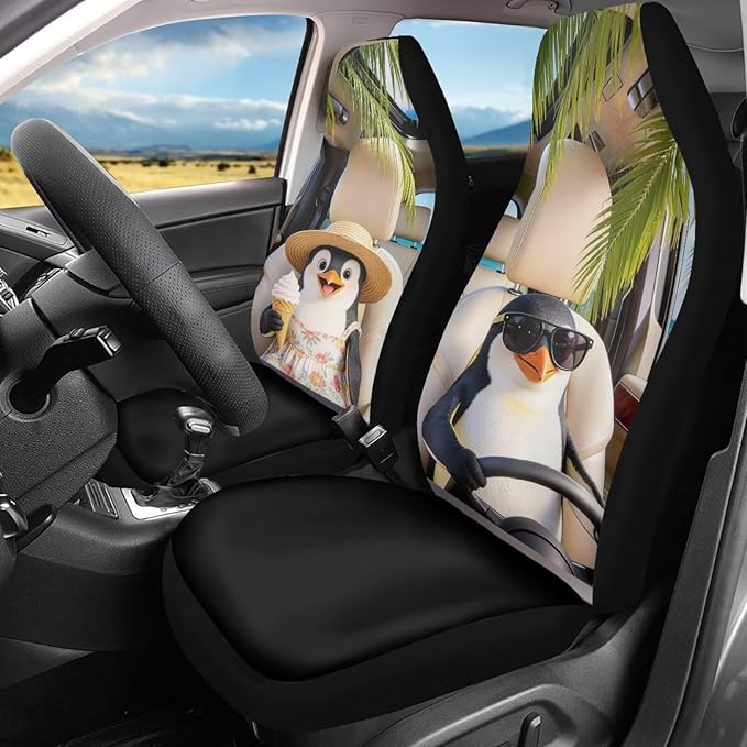 Penguin Front Car Seat Cover 2 Pcs Cute Automobile Front Seat Covers Anti-Slip Back Fabric Protection Interior Accessories Universal Fit for Most Cars SUVs and Sedans