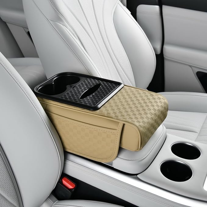 Car Center Console Armrest Pad, Arm Rest Box Cushion with Ergonomic Height Boost, Storage Pockets, Built-in Tissue Box, Cupholder, Fit for Most Sedan Vehicles (Embossing Checkerboard, Beige)