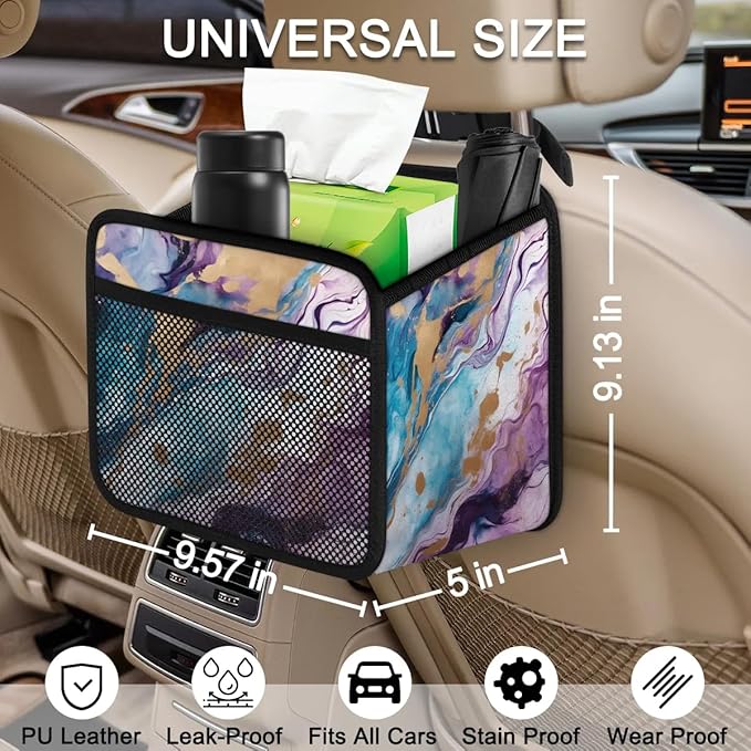 Car Organizer Back Seat Modern Marble Car Seat Back Hanging Bag PU Leather Backseat Car Organizer Foldable Car Seat Storage Bag Car Accessories