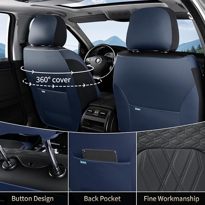FLORICH Leather Front Car Seat Covers Waterproof Durable Front Seat Protector for Cars Luxury Seat Cover Breathable Vehicle Seat Cushion Universal Fit for Most Car Truck SUV, Black&Blue