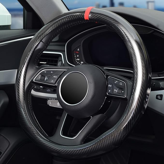 ZHOL Steering Wheel Cover Carbon Fiber, Universal Standard Size 14.5-15 inch Car Steering Wheel Accessories for Men, Black