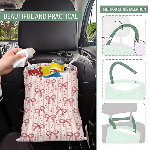Cute Car Trash Can, Hanging Canvas Car Back Seat Organizer and Storage Bag, Funny Car Trash Bag For Travelling, Outdoor Cute Pink Bow Knot