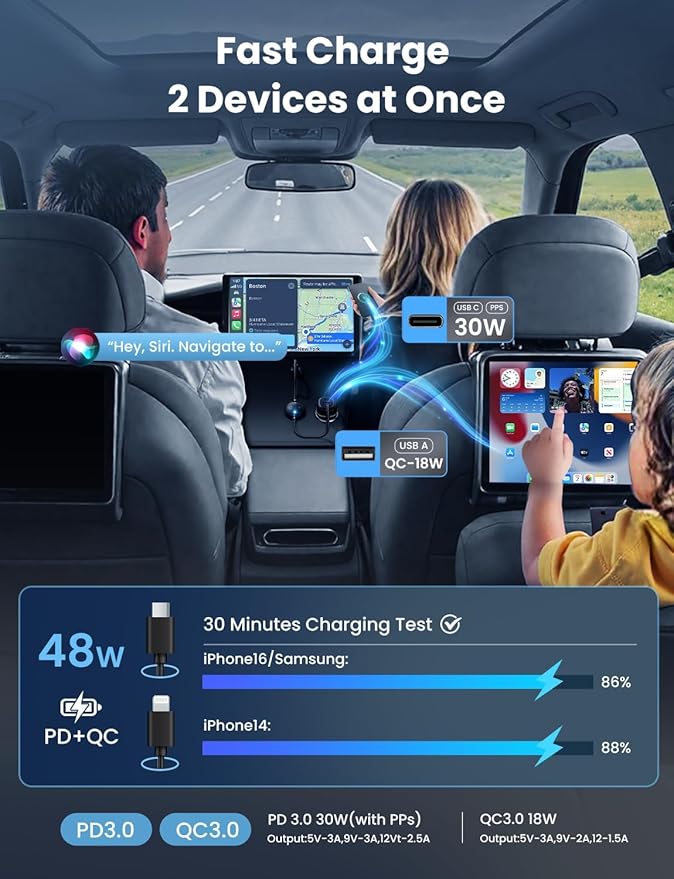 All-in-One Wireless Carplay & Android Auto Adapter with Fast Car Charger - 3 in 1 Cable for Stable Voltage, Enhanced Carplay/Android Auto Data. 48W, Dual USB C & A Ports