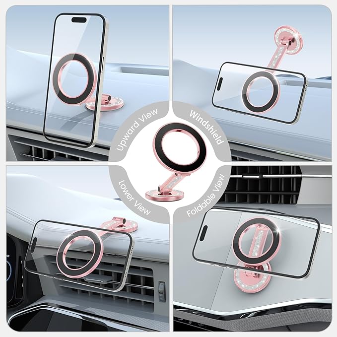 Pikabo Magnetic Phone Holder for Car Dashboard Phone Mount Holder Compatible with iPhone 17 Pro Max 16 15 14 13 12 MagSafe Accessories. (Glitter Pink)