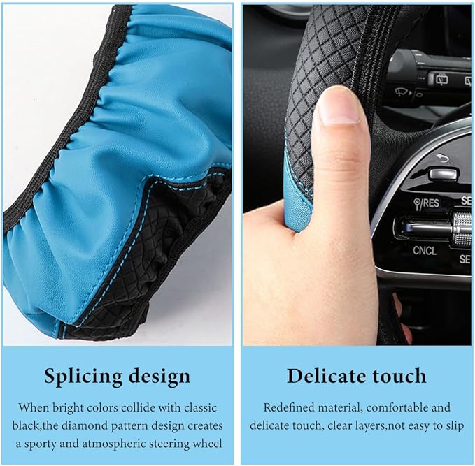 Car Steering Wheel Cover, 15 Inch Anti-Slip Stretch Leather Steering Wheel Protector, Comfortable Breathable Sporty Steering Wheel Cover for Women Men, Car Accessories (Black & Blue, AD)