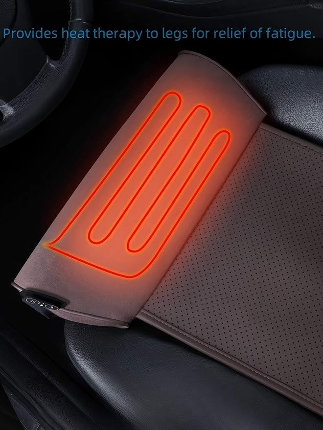 JUPENG Car Seat Leg Extender with Heat & Massage, USB Powered Multi-Level Memory Foam Under Thigh Leg Support Cushion for Driver Seat, Office Chair & Travel, Universal Comfort Pad(Brown)