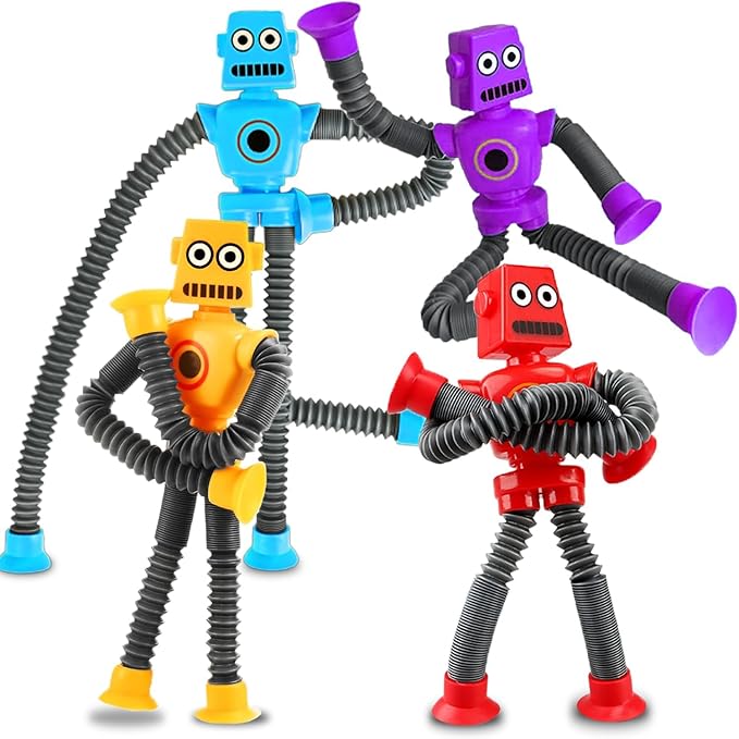 Robot Sensory Travel Roadtrip Toys 4Pcs for Toddlers Kid Boy Year Old Ages 3 4 5 6 7 8 9,Airplane Activities Suction Autism Pop Tube Fidget Toys Autistic Stocking Easter Basket Stuffer Valentine Gift