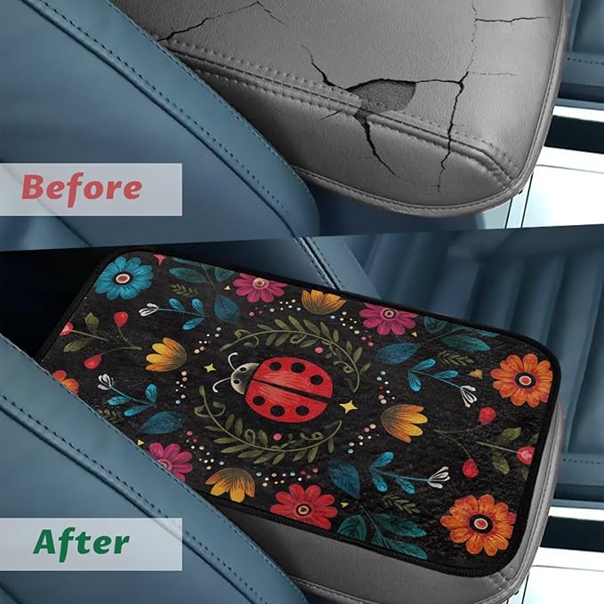 CLOHOMIN Cute Ladybug Center Console Armrest Cover for Car Sedan Van Flannel Car Armrest Cushion Winter Automobile Arm Rest Cushion Pad Flowers Auto Decoration Accessories