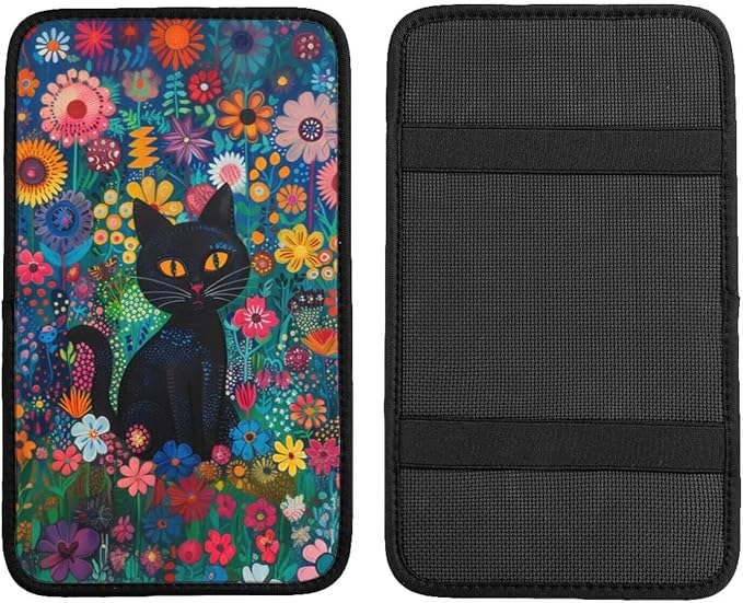 Cute Cat Floral Car Center Console Cover Cats Hippie Armrest Cover Cushion Boho Flower Car Armrest Pad Universal Car Interior Accessories Protector