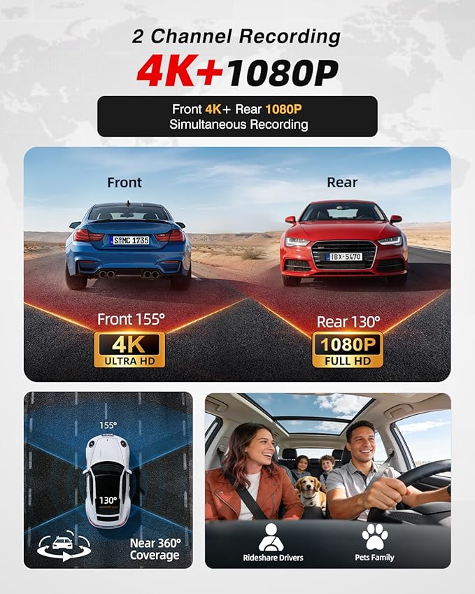 4K Dash Cam Front and Rear, Dash Camera for Cars 2 Channel 5.8GHz WiFi6 HDR Night Vision Dash Cam Built-in GPS, G-Sensor, Loop Recording, 170°Wide Angle, 24H Parking Mode