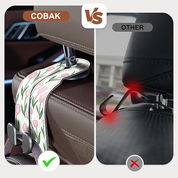 CoBak Purse Hook for Car - Universal Premium Stitched Leather and Aluminum-Magnesium Alloy Double Car Seat Back Storage Hook for Purses, Handbags, Bags (2 Pack),Tulip