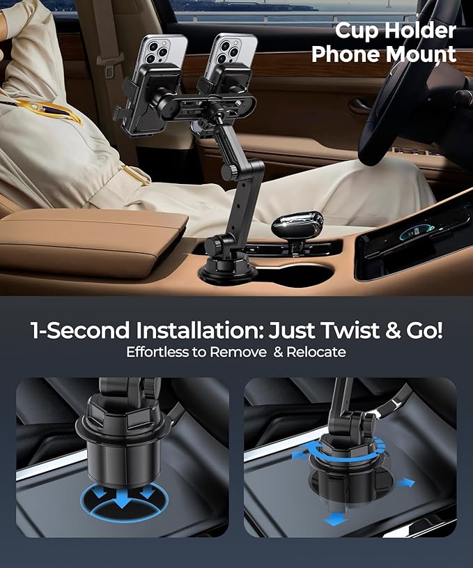 Dual Cup Phone Holder for Car, Cup Mount, Holds 2 Phones Simultaneously, Universal Must-Have Car Mount, Fits iPhone/Samsung/Motorola/Google/LG/TCL & 4.0-7.0 Inch Smartphones