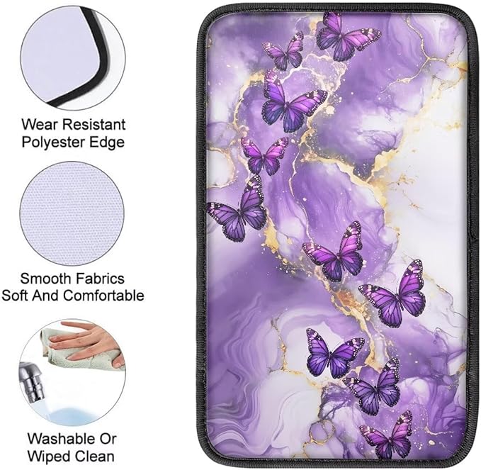 Purple Marble Butterfly Auto Armrest Box Cover Car Armrest Storage Box Mat Center Console Armrest Soft Pad Fits for Most Vehicle,SUV,Truck