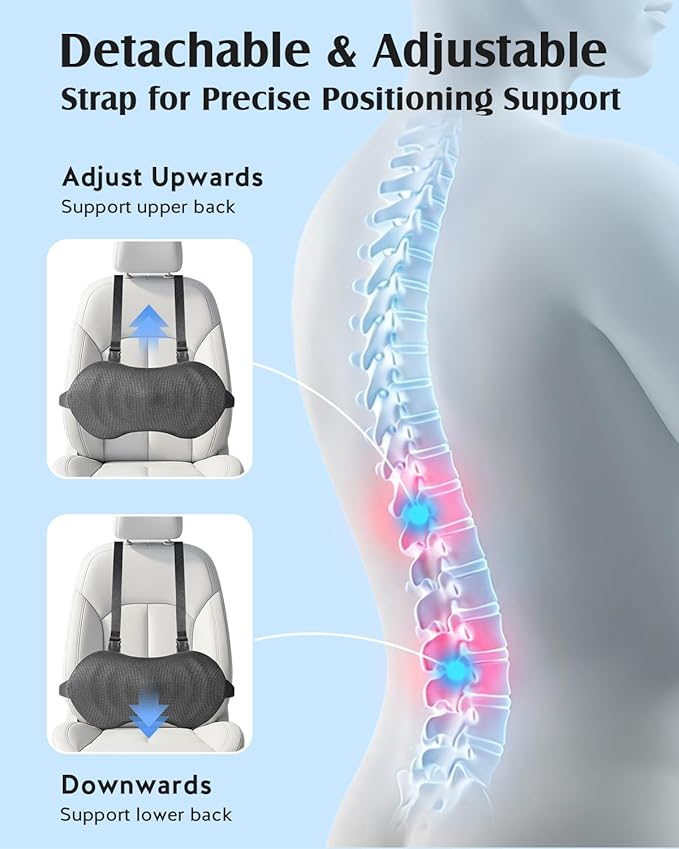 YFONG Lumbar Support Pillow for Car & Office Chair, Memory Foam Back Cushion with Adjustable Straps Non-Slip, Firm Support for Lower Back Pain Relief, Grey