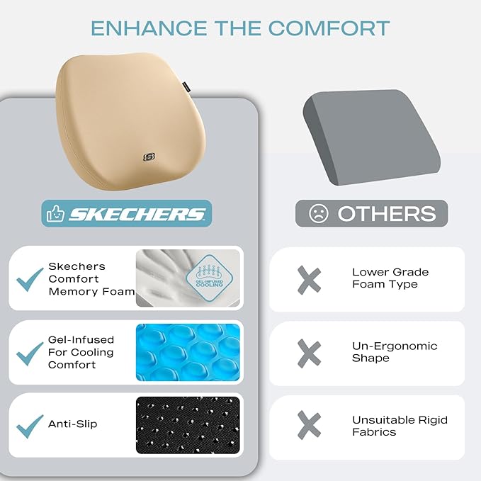 Skechers Seat Cushion Premium Gel & Memory Foam-Office Chair Cushion for Tailbone Pain Relief,Butt Pillow for Office Chair,Car seat Cushion,Long Sitting Office Workers,and Car Drivers,Beige