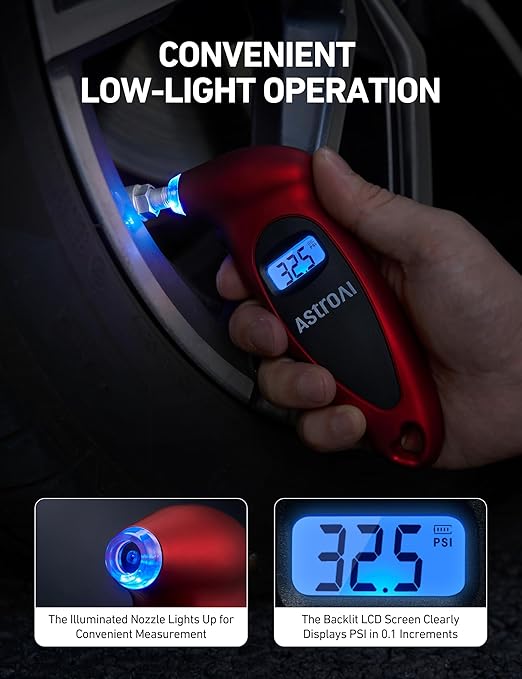 AstroAI Digital Tire Pressure Gauge 0-150PSI Calibrated to ANSI B40.7 +/-1PSI, Accurate in 0.1 Increments, Tire Repair Tools 4 Pressure Measurements for Car Truck with Backlight LCD, Red