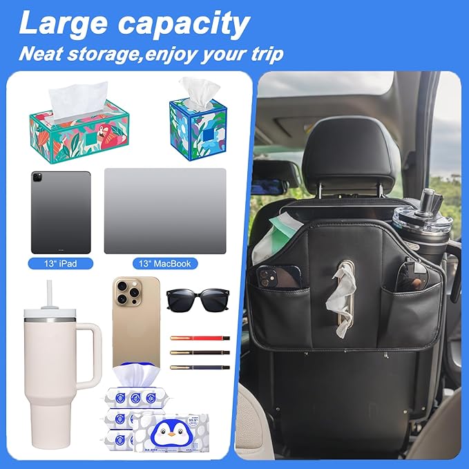 Upgraded Car Tissue Holder,Car Seat Back Organizer With Cup Holder,Premium PU Leather Headrest Seat Back Storage Fits For Kleenex Tissue Box (50-230ct)