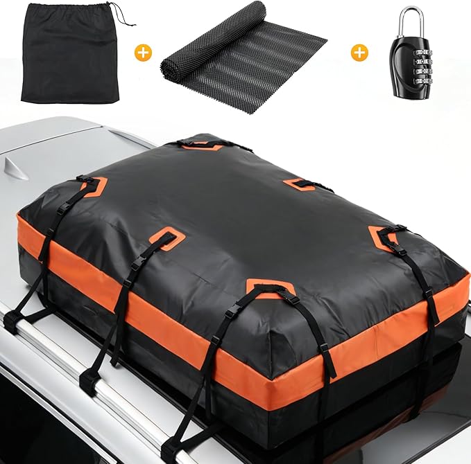 NEWBULIG Car Rooftop Cargo Carrier Bag, 20 Cubic Feet Duty Waterproof Bag for All Vehicles with/Without Racks. Includes Anti-Slip Mat, Reinforced Straps, 6 Door Hooks, Storage Bag & Luggage Lock.