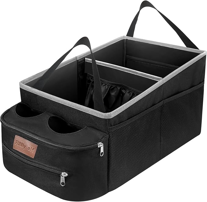 FUNNy elf Car Seat Organizer - Passenger Seat Organizer, Collapsible Car Storage with Partitions & 4 Cup Holders for Front Seat or Back Seat (white)