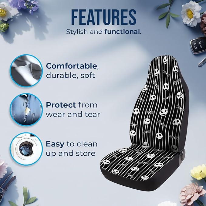 GENANY Nightmare Skeleton Car Seat Covers Set of 2, Skull Breathable Front Seat Covers for Truck Sedan SUV, Spooky Car Accessories, Spooky Gift for Women Men