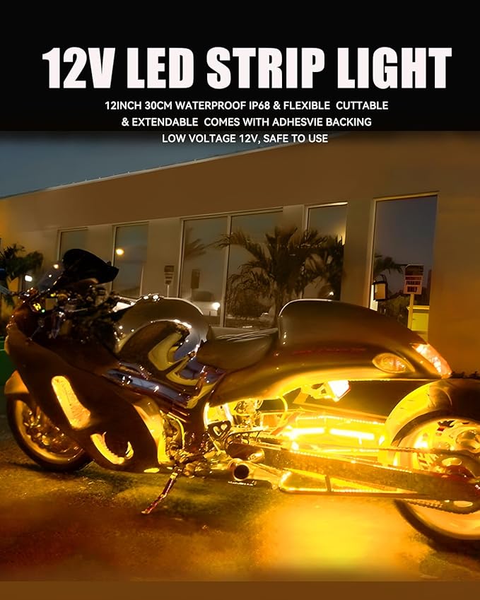 Car Led Strip Lights 12" Connectable Amber LEDs Light Strips for Cars Motorcycle Golf Cart Boat Marine Waterproof 12V Led Light Strip, 4Pack
