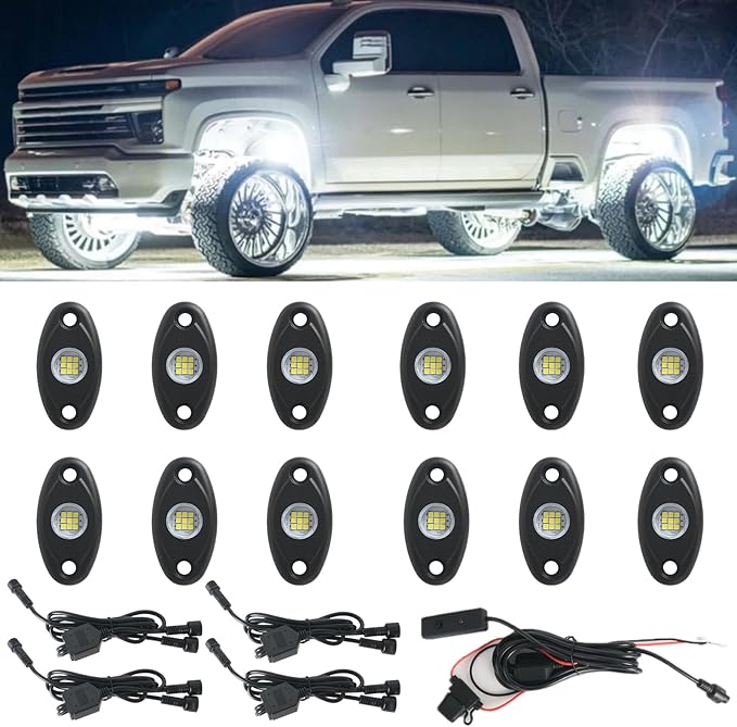 12pods White Rock Lights Dc 12v 6000k Aluminum Alloy Pure White Led Rock Lights with Switch Wiring Harness Kit Ip68 Waterproof for Trucks Pickup Off-Road Cars SUV Utv ATV Rv RZR Underglow Lights