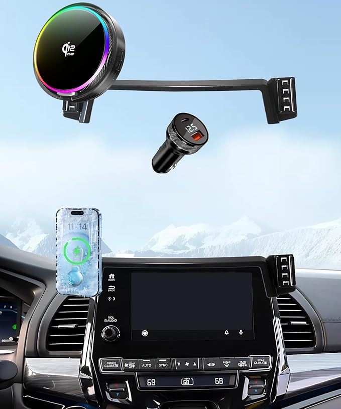 Qi2.2 25W Magnetic Car Mount Charger for 2018-2024 Honda Odyssey Accessories, for Fast Charging Cell Phone Holder 8 Inch Screen Fixed Clip with Cooling Fan＆54W Fast Adapter