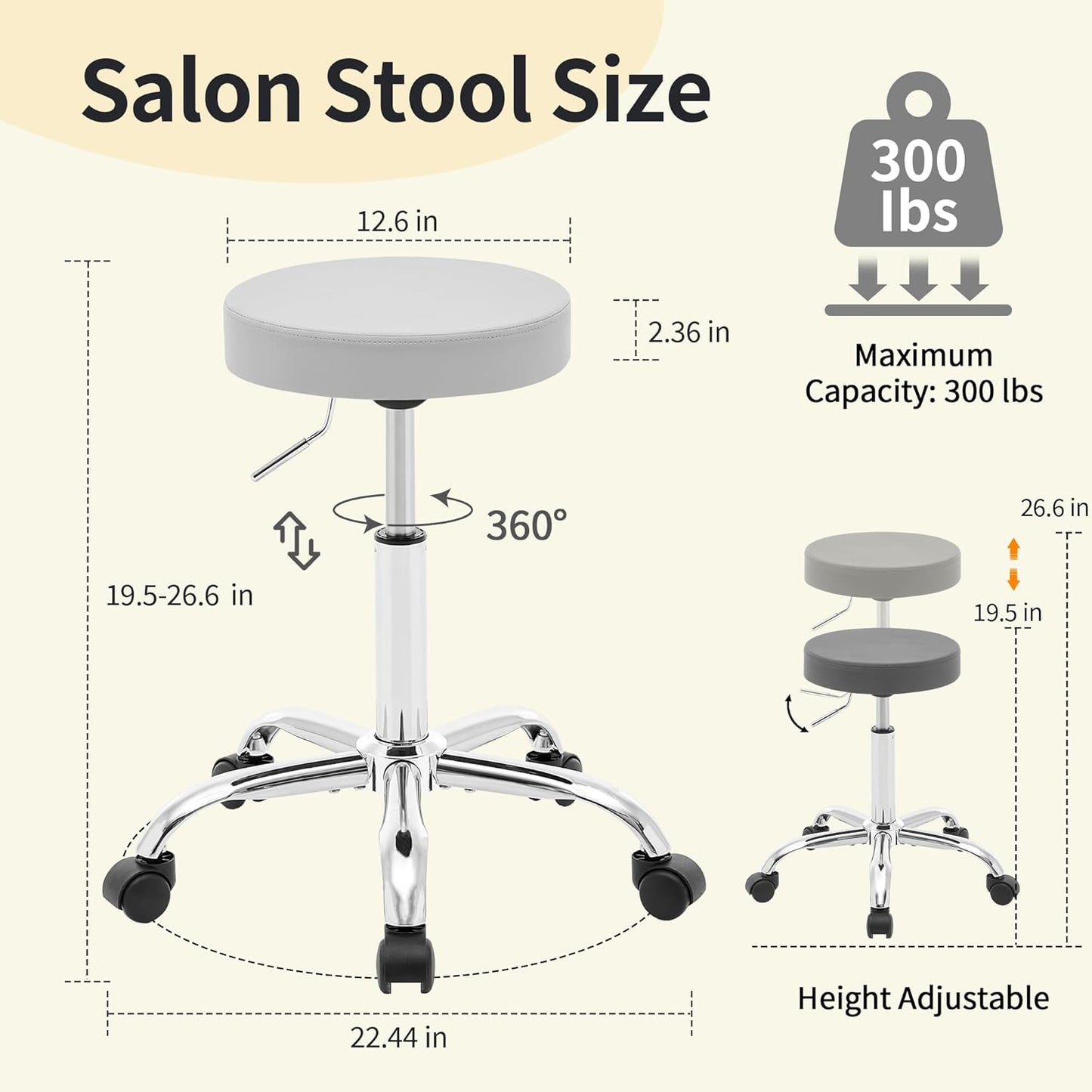 Rolling Stool Adjustable Height 19.5’’-26.6’’,Tattoo Chair for Artist, Gray Stool for Hairstylist (Gray)