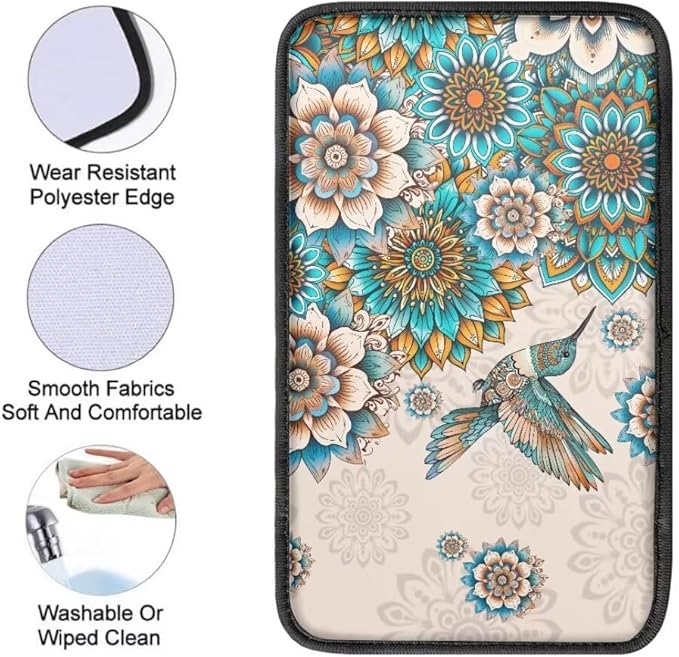 Coldinair Boho Flower Car Center Console Pad,Hummingbird Auto Interior Accessories Decoration,Auto Armrest Cover Protector for Most Vehicle, SUV, Truck, Car