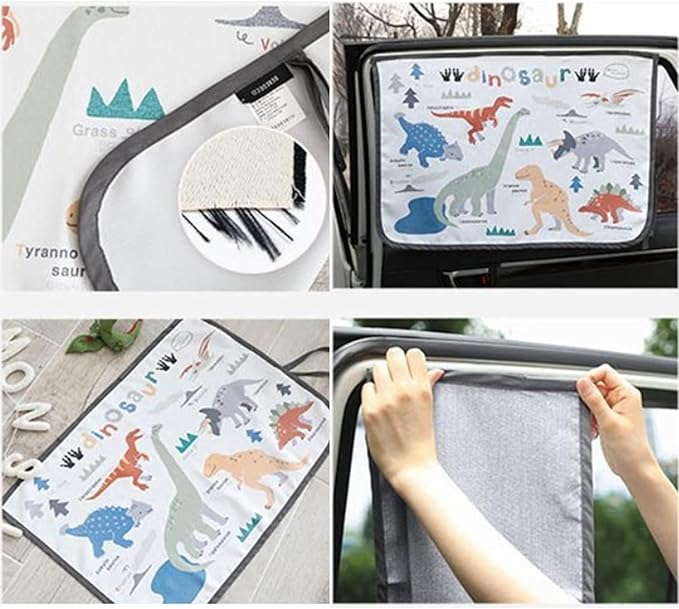Magnetic Car Sun Shade Curtain for Side Window – Sun Blocker and UV Protector for Baby, Kids, and Pets – Universal Fit with Built-in Magnets for Steel-Framed Door (Dinosaur)