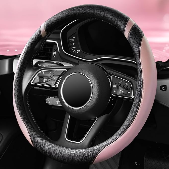 ZHOL Steering Wheel Cover for Women, Breathable Microfiber Leather Car Steering Wheel Protector, Non-Slip Universal Fit for Most Cars(Pink)