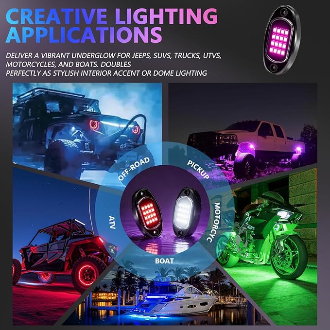 MONDEVIEW 8 Pods RGB LED Rock Lights for Jeeps Trucks Golf Carts & UTVs, Waterproof Underglow Kit with APP Control, Music Mode, 12V Underbody Neon Lights for Cars, ATV, RZR, SUV, Offroad Vehicles