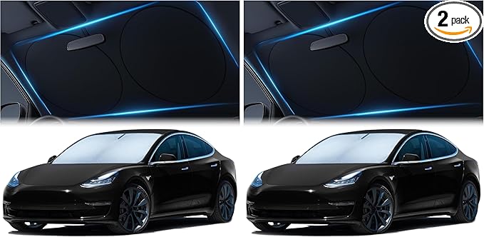 Magnelex Tesla Windshield Sun Shade (Model 3/Y), Reflective Polyester Blocks Heat & Sun, Foldable Car Window Sun Blocker, Mirror Cut-Out, Fade-Resistant Sunshade, Tesla 3 Accessories (Pack of 2)