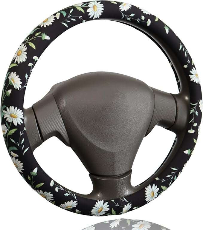 Wild Daisy Steering Wheel Cover for 14.5-15 Inch (37-38 cm) Wheels, Premium Fabric with Non-Slip Rubber Inner Ring (Wild Daisy)