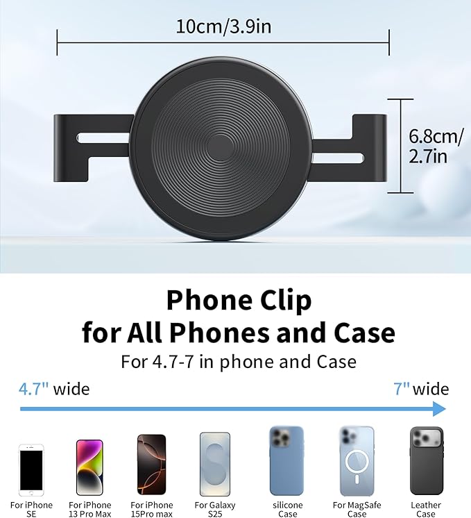 TONEOF Phone Clamp for Magnet with Metal Ring,Phone Mount Adapter for Magsafe Car Phone Holder,Quick Installation & Easy Removal Clip for All Phones/Magnetic Tripod/Magnet Mounts (Black,1 Pack)